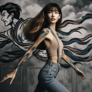 Very thin Athletic Thin skinny Attractive, Asian teenage girl, long brown hair and bangs, wearing tight skinny jeans and a halter top paint marks on her clothing, heroic sideways pose Asian graffiti background