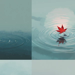 A minimalist zen scene with a single red Japanese maple leaf flo...