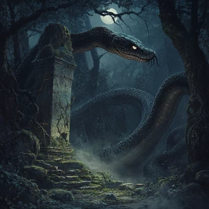 "Amidst a shadowy forest, a colossal, majestic serpent coils sil...