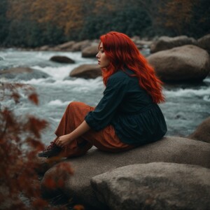 Red hair girl sitting on the rock by the river