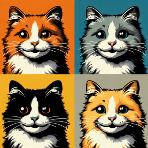 Four cats of various colors smiling at the camera