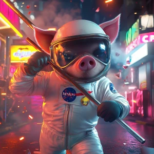 Cute cartoon pig in vintage white spacesuit and NASA style helme...