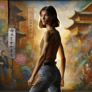 Athletic Thin skinny Attractive, Asian teenage girl, long brown hair and bangs, wearing tight skinny jeans and a halter top paint marks on her clothing, heroic pose Asian graffiti background, backside view