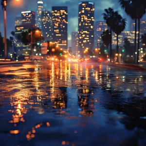 Create an image of Los Angeles in the evening after a rainfall,...