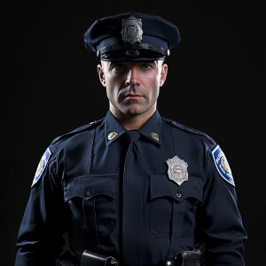 Create an image of a Caucasian, middle-aged male police officer,...