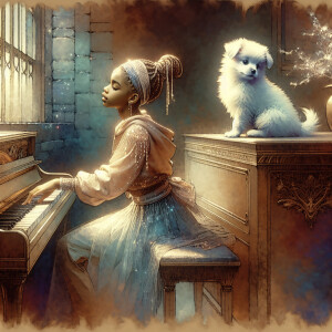 a very cute beautiful melanin skin tone girl playing a piano and...
