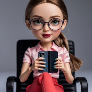 An action figure-style doll of a young woman with fair skin, gre...