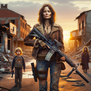 A woman standing in a war torn town. Holding an AR15 with 2 sidearms. Standing in front on her children.