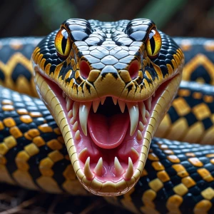 a magnificent Snake,fangs showing, it's mouth open and eyes look...