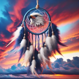 a blue  thick cotton dream catcher in the shape of a cute hawks...