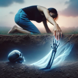 Two people reaching for each other but one is buried beneath the...