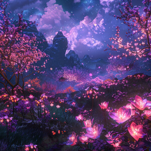 Create a vivid and surreal dreamscape filled with neon flowers