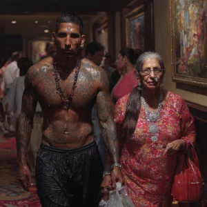 Hyperrealism photo painting,A sweaty beefy kashmiri man walking...