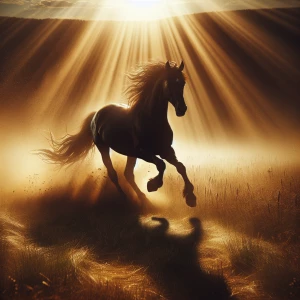 A horse gallops through an open meadow