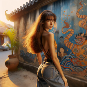 Athletic Thin skinny Attractive, Asian teenage girl, long brown hair and bangs, wearing tight skinny jeans and a halter top paint marks on her clothing, heroic pose Asian graffiti background, backside view