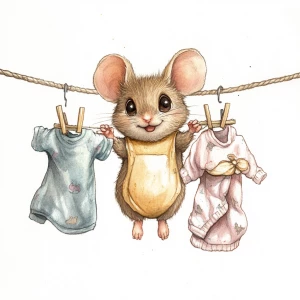 Cute mouse with expressive eyes, hanging laundry on a line which has lots of baby clothing hanging off it on clothing pins. She is adorable and has 2 little baby mice hanging from the line wrapped in blankets. Style is watercolor, with pencil outlines.