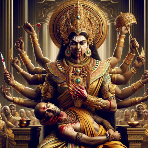portrait of angry looking, muscular, four-armed indian goddess...