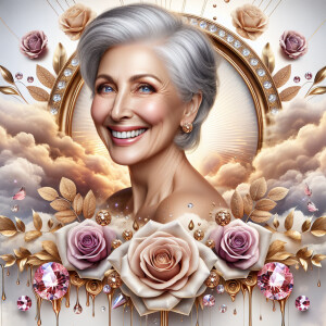 A horizontal portrait of a thinner, smiling curvy 80 year old Ca...