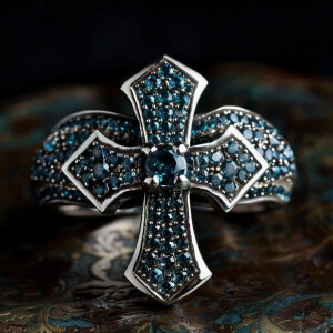 Sterling silver ring featuring a cross design adorned with stunn...