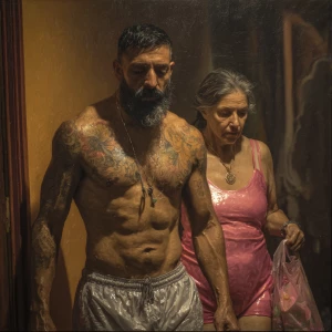 Hyperrealistic art,realism.a gujarati muscular beefy bearded tat...