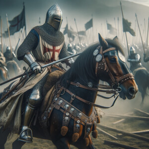 A Templar knight riding a horse in a battle scene, ultra hyper photorealistic