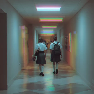 90s VHS aesthetics minimalistic school hallway with two students...