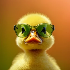 Photorealistic Baby duckling wearing glasses facing the camera