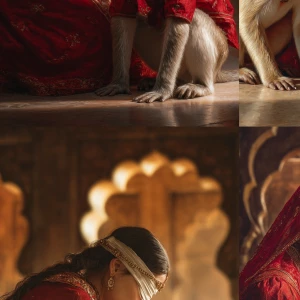 A traditional Indian woman in a red saree lovingly tying a white...
