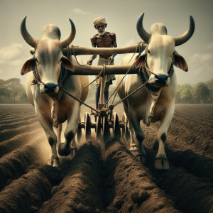 Illustrate a scene showing two bulls collaborating to pull a cul...