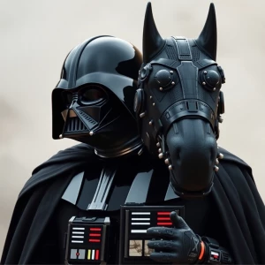Darth Vader accompanied by his large, black Cane Corso with cybe...