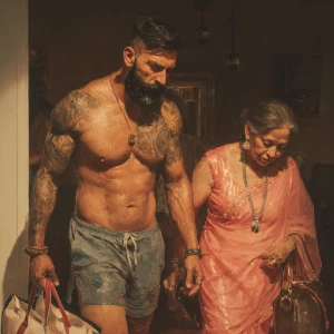 Hyperrealism painting ,a new delhi muscular beefy bearded tatto...