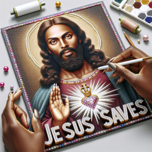 A 3D realistic artwork featuring the phrase 'Jesus Saves' adorne...