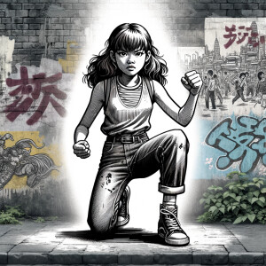 teenage girl, long brown hair and bangs, wearing tight skinny jeans and a halter top paint marks on her clothing, heroic pose Asian graffiti background, nearing on one knee