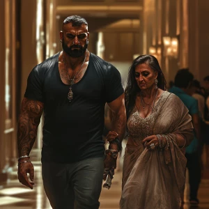 realism style  art.A sweaty beefy muscular man  walking with his...