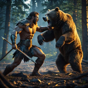 "Imagine a gritty clash where a Spartan warrior, muscles tense a...