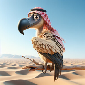 3d digital caricature of a whimsical vulture, sitting on a singl...