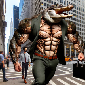 Man- alligator hybrid with extra huge muscles with veins popping...