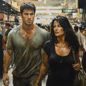 Realism painting style,A muscular man, glistening with sweat, wa...