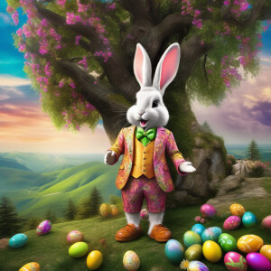 Airbrush style: create a Easter landscape with a large bunny dre...