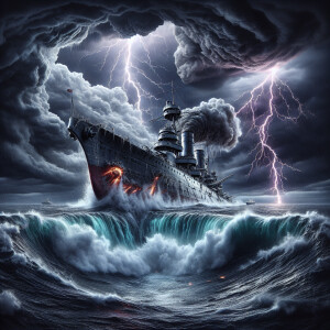 A battleship, split in two from a torpedo hit, sinking into the...