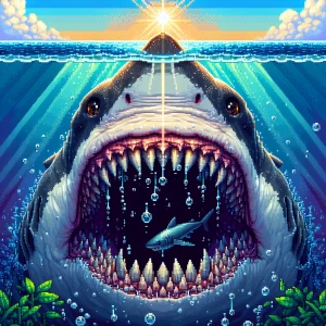 Ultra-realistic, dramatic frontal view of a massive shark with its jaws wide open, revealing rows of razor-sharp teeth. The camera is half-submerged, perfectly splitting the image—above the waterline, the sharks’s intense, piercing eyes stare directly ahead, with water droplets on its rough, scaly skin. Below the waterline, its powerful open mouth is fully visible, showing sharp teeth and a dark throat, with tiny air bubbles escaping. The waterline is sharply defined, creating a split view of the murky underwater world and the bright, natural  scenery above. Sunlight refracts through the water, casting a cinematic glow. Highly detailed, National Geographic photography style, 8K resolution, hyper-realistic textures, dramatic lighting, intense and suspenseful atmosphere."