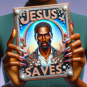 A 3D realistic artwork featuring the phrase 'Jesus Saves' adorne...