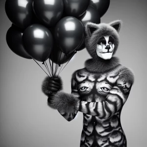 A clown wearing a monochrome feline-inspired costume with coordi...