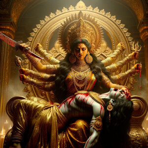 portrait of angry looking goddess durga sitting on a gold crown...