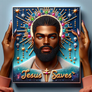 A 3D realistic artwork featuring the phrase 'Jesus Saves' adorne...