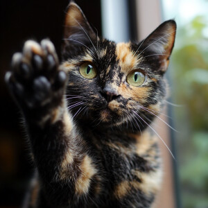 a tortishell cat giving the fingers