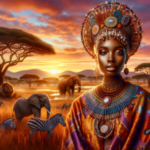 Envision a magnificent African savannah at the golden hour of su...