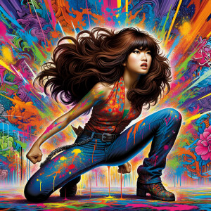 teenage girl, long brown hair and bangs, wearing tight skinny jeans and a halter top paint marks on her clothing, heroic pose Asian graffiti background, nearing on one knee