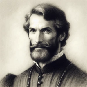 A monochromatic charcoal portrait of Leonardo Da Vinci with just...