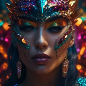 Half human female face and neck with glitter and encrusted gemst...